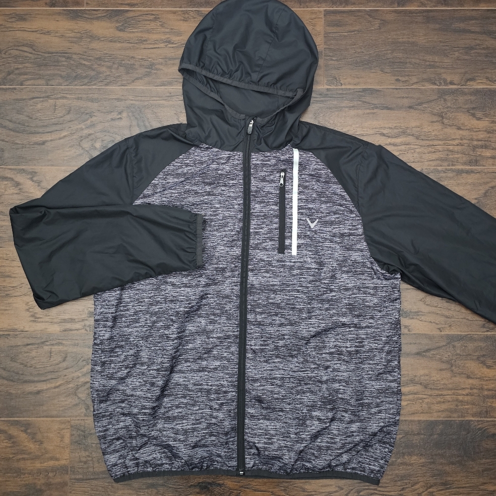 Callaway Golf Mens Medium Lightweight Windbreaker Jacket Hood Zip Up Gray Black